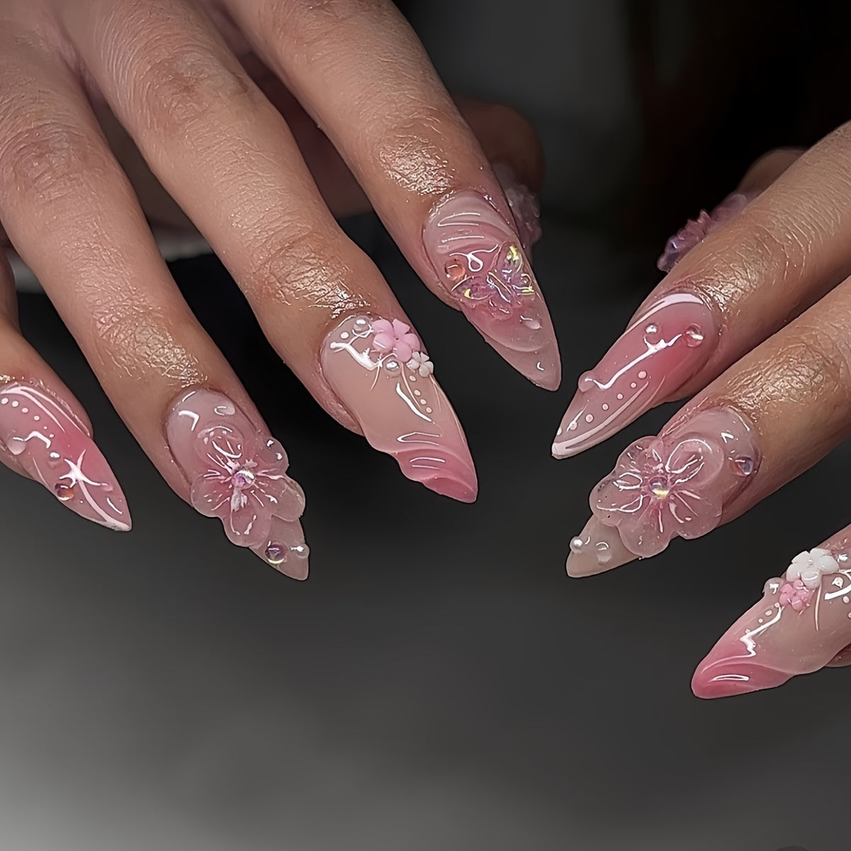 24-Piece Elegant French-Inspired Pink Almond Shaped Press-On Nails with Flower Pattern and Glossy Finish, Includes Jelly Glue & Nail File for Women's Everyday Wear